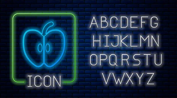 Świecący Neon Apple Ikona Izolowana Tle Cegły Ściany Owoce Symbolem — Wektor stockowy