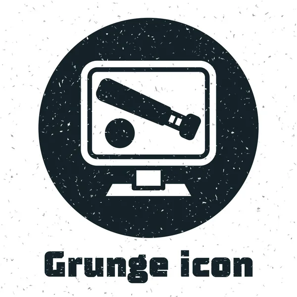 Grunge Monitor Com Bola Beisebol Morcego Ícone Tela Isolado Fundo —  Vetores de Stock