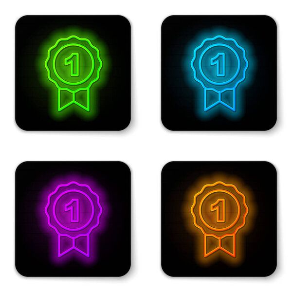Glowing neon line Dog award symbol icon isolated on white background. Medal with dog footprint as pets exhibition winner concept. Black square button. Vector