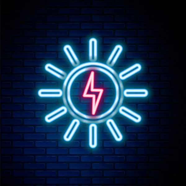 Leuchtende Neon Linie Solarenergie Panel Linie Symbol Isoliert Auf Backsteinwand — Stockvektor