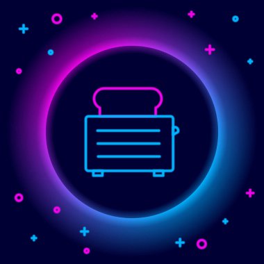 Siyah arkaplanda izole edilmiş tost simgesiyle parlayan neon hattı tost makinesi. Renkli taslak konsepti. Vektör