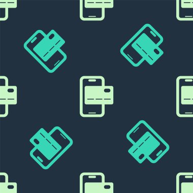 Yeşil ve bej renkli Mobil bankacılık ikonu mavi arkaplandaki kusursuz deseni izole etti. Cep telefonu ekranına cep telefonu bankacılığı yoluyla para aktar. Vektör