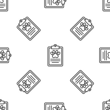 Tıbbi kayıt simgesine sahip gri çizgi panosu beyaz arka planda kusursuz desen izole etti. Sağlık sigortası formu. Tıbbi kontrol işaretleri raporu. Vektör