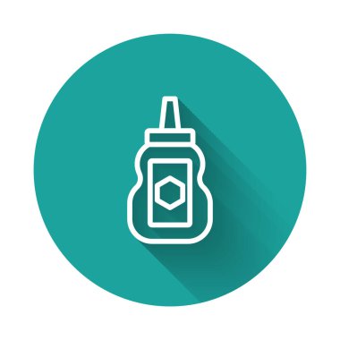 Beyaz çizgi kavanoz bal ikonu uzun gölge arkaplan izole. Yiyecek bankası. Tatlı doğal gıda sembolü. Yeşil daire düğmesi. Vektör