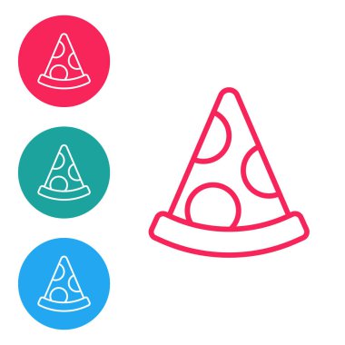 Kırmızı çizgi pizza dilimi beyaz arka planda izole edilmiş. Fast food menüsü. Simgeleri daire düğmelerine ayır. Vektör