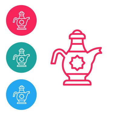 Kırmızı çizgi İslami çaydanlık simgesi beyaz arkaplanda izole edildi. Simgeleri daire düğmelerine ayır. Vektör