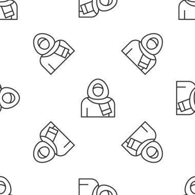 Tesettür ikonundaki gri çizgili Müslüman kadın beyaz arka planda kusursuz desen izole etti. Vektör