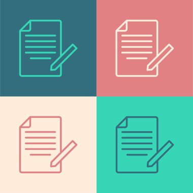 Pop Art Line Belgesi ve kalem simgesi renk arkaplanında izole edildi. Dosya simgesi. Kontrol listesi simgesi. İş konsepti. Vektör