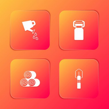 Sulama kutusu, süt konteynırı, saman rulosu ve kürek ikonu. Vektör