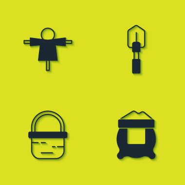 Korkuluk, un torbası, sepet ve kürek ikonu. Vektör