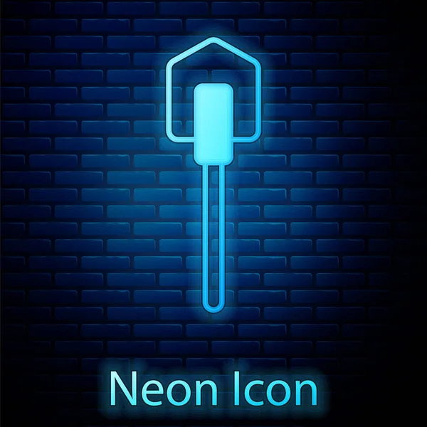 Zářící Neon Shovel Ikona Izolované Pozadí Cihlové Zdi Zahradní Nářadí — Stockový vektor