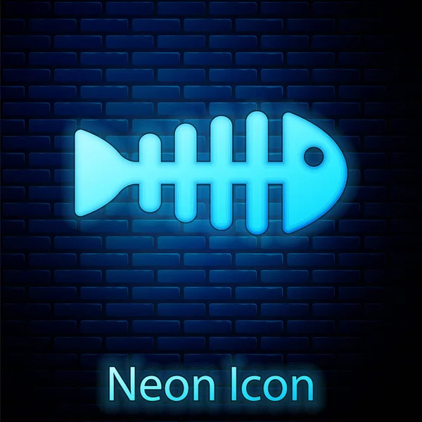 Parlayan Neon Balık Iskelet Simgesi Tuğla Duvar Arkasında Izole Edilmiş — Stok Vektör