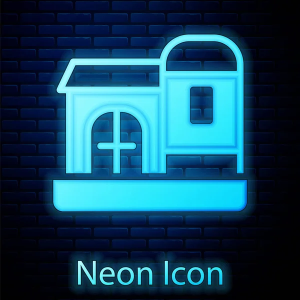 Glödande Neon Gård Hus Ikon Isolerad Tegel Vägg Bakgrund Vektor — Stock vektor