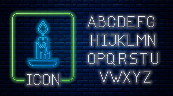 Сяюча Піктограма Неонової Свічки Ізольована Фоні Цегляної Стіни Циліндрична Свічка — стоковий вектор