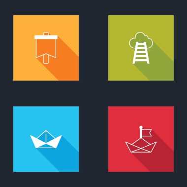 Bayrak, bitiş bayrağıyla merdiven, katlanır kağıt tekne ve simge. Vektör