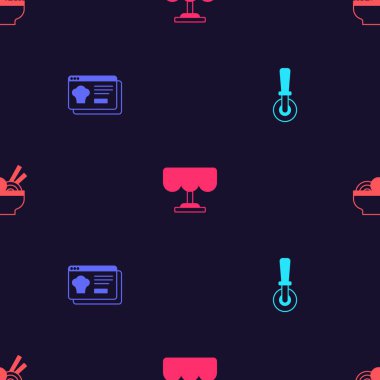 Pizza bıçağı, online sipariş ve teslimat, ahşap masa ve dikişsiz Asya erişte kasesi. Vektör