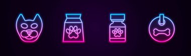 Kedi, evcil hayvan için yiyecek çantası, ilaç şişesi, haplar ve köpek tasması. Parlayan neon ikonu. Vektör