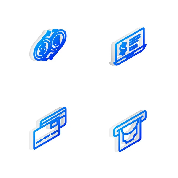 Définir Isometric Ligne Ordinateur Portable Avec Dollar Change Carte Crédit — Image vectorielle