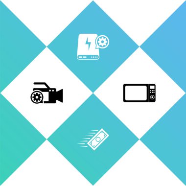 Video kamera ayarları, hızlı ödemeler, güç bankası ve mikrodalga fırın ikonu. Vektör.