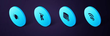 Isometric Wiifi 'yi kilitleyin, sunucu güvenliğini elektrikli scooter ve siber simgeyle sağlayın. Vektör.