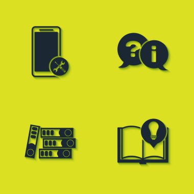 Mobil servisi ayarla, ilginç gerçekler, ofis klasörleri ve Soru ve Ünlem simgesi. Vektör.