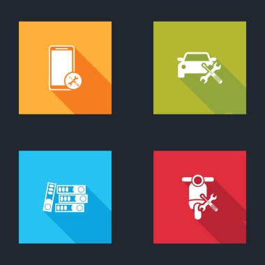 Mobil servisi, arabayı, ofis dosyalarını ve Scooter simgesini ayarla. Vektör.