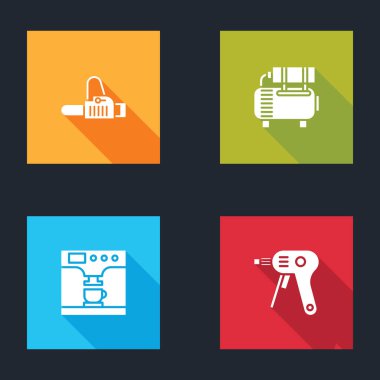 Elektrikli testere, hava kompresörü, kahve makinesi, bardak ve elektrikli yapıştırıcı tabancası ikonu. Vektör.