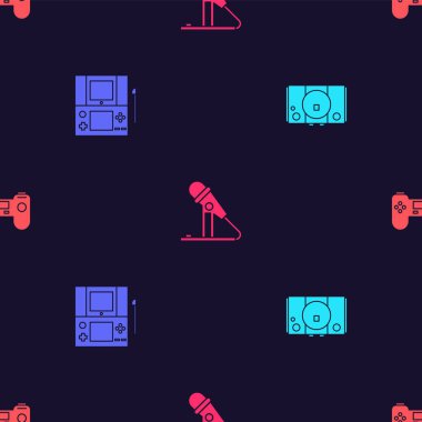 Video oyun konsolunu, taşınabilir video, mikrofon ve Gamepad 'i pürüzsüz şablona ayarla. Vektör.