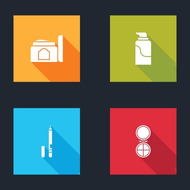 Krem kozmetik tüpü, göz kalemi, kaş ve makyaj tozunu ayna ikonuyla ayarla. Vektör.