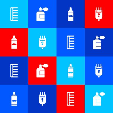 Saç fırçası, atomla tıraş losyonu, tıraş köpüğü, tıraş jölesi, saç kesme makinesi ya da tıraş ikonu. Vektör.