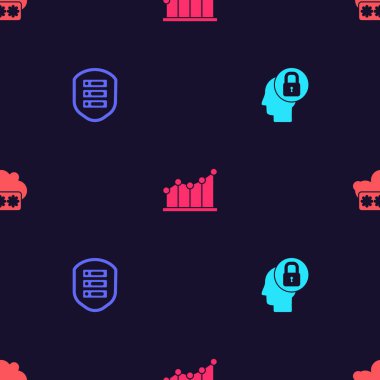 İnsan kafasını kilit, sunucu kalkanı, pasta grafiği ve parola korumasını kusursuz desene ayarlayın. Vektör.