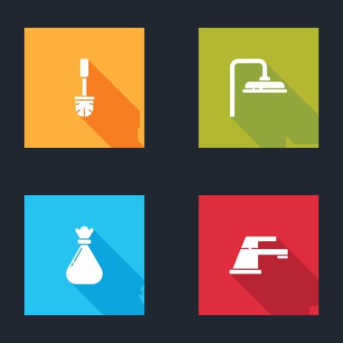 Tuvalet fırçasını, duş başlığını, çöp torbasını ve musluk ikonunu hazırla. Vektör.