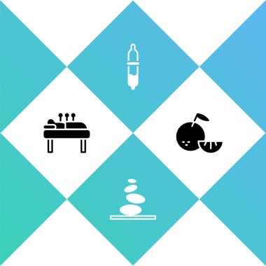 Akupunktur terapisi, Stack sıcak taşları, Pipette ve Citrus meyve ikonu. Vektör.