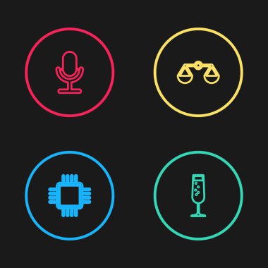 İşlemci, bir kadeh şampanya, adalet ve mikrofon ikonu ayarlayın. Vektör.