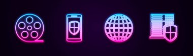 Çizgi film makarası, kalkanlı akıllı telefon, dünya küresi ve sunucu. Parlayan neon ikonu. Vektör.