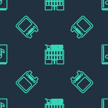 Supermarket binası, Otobüs ve Ses Kitabı 'nı kusursuz şablon üzerine ayarla. Vektör.