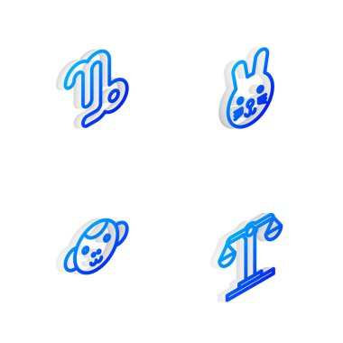 Isometric Line Rabbit Zodiac, Oğlak, Maymun ve Terazi simgesini ayarla. Vektör.