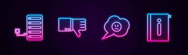 Satır Sunucusu, Sevmeme, Öfkeli gülümsemesi ve Kullanıcı el kitabıyla konuşma baloncuğu ayarla. Parlayan neon ikonu. Vektör.