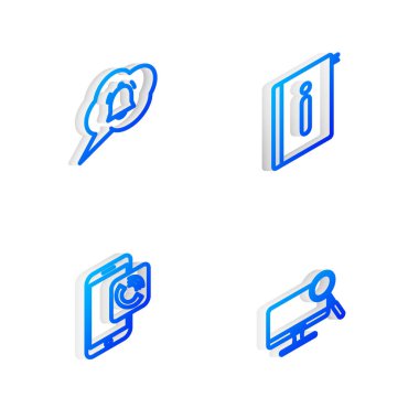 Isometric satır Kullanıcı Kılavuzu, Konuşma baloncuğu sohbet bildirimi, Cep telefonu araması ve Bilgisayar monitörü teşhis simgesini ayarla. Vektör.