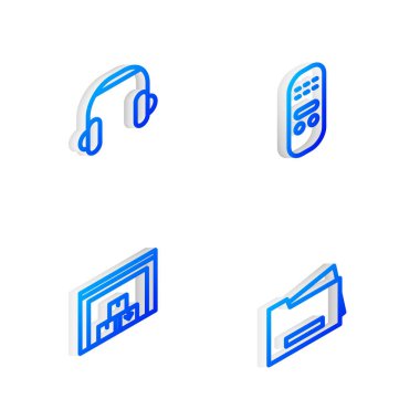 Isometric hattı uzaktan kumanda, kulaklık, depo ve yazıcı simgesini ayarla. Vektör