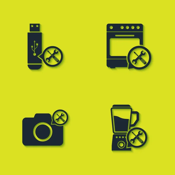 设置Usb闪存驱动服务 搅拌机 摄影相机和Oven图标 — 图库矢量图片