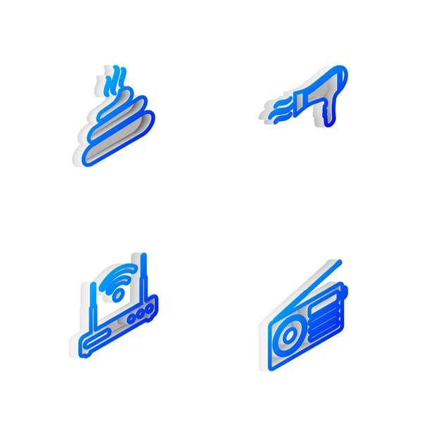 Set Isometric Line Hair Dryer Shit Router Radio Icon Vector — Image vectorielle