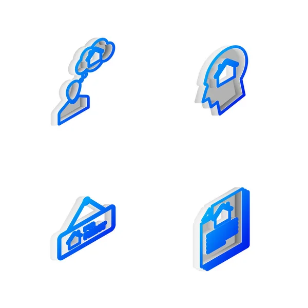 Set Isometrische Lijn Man Dromen Het Kopen Van Huis Opknoping — Stockvector
