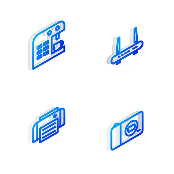 Réglez Isometric Ligne Routeur Signal Machine Café Imprimante Photo Icône — Image vectorielle