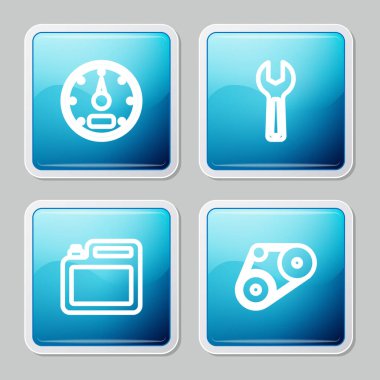 Hız göstergesi, İngiliz anahtarı, motor yağı ve zamanlama kemeri simgesi için teneke kutu ayarlayın. Vektör