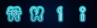 Diş teli, kırık diş ipi, diş ipi ve teftiş aynası. Parlayan neon ikonu. Vektör