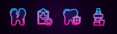 Çizgi, kırık diş, diş kartı, koruma ve gargara şişesi. Parlayan neon ikonu. Vektör