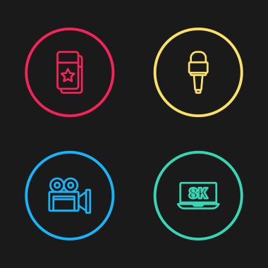 Sinema kamerası, dizüstü bilgisayar, mikrofon ve bilet ikonu. Vektör