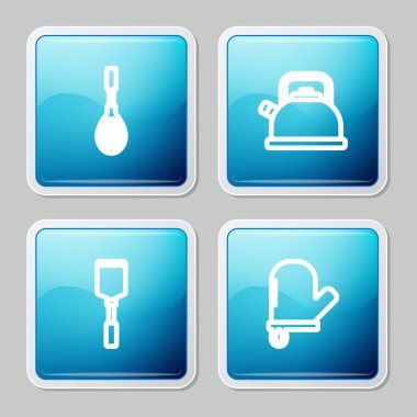 Mutfak çırpıcısı, saplı çaydanlık, Spatula ve fırın eldiveni ikonu. Vektör