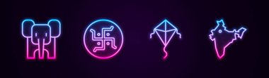 Fil, Hindu gamalı haçı, uçurtma ve Hindistan haritası. Parlayan neon ikonu. Vektör